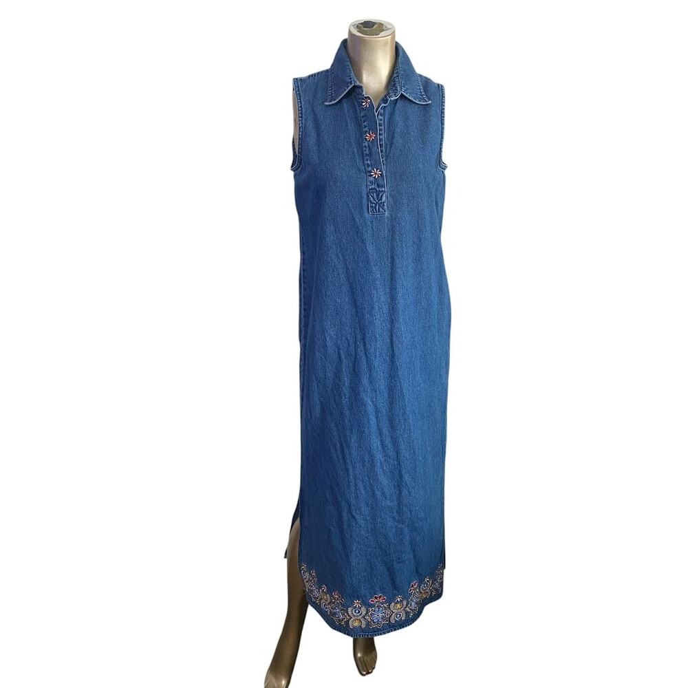 VTG Agapo Denim Maxi Dress M Embroidered Floral Boho Sleeveless Cotton Dress